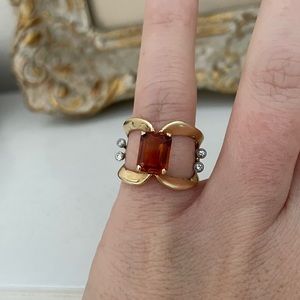 Costume jewelry ring, orange stone and faux diamonds